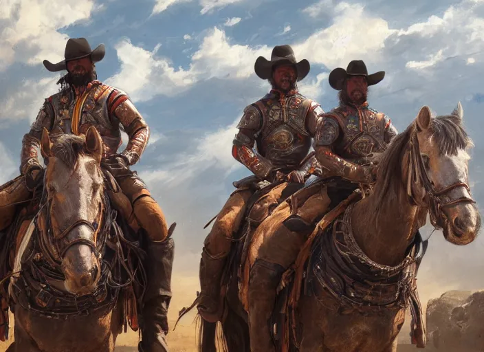 Prompt: close up of three cowboy outriders on horseback wearing suits of armor and cowboy hats, sun rays, by Greg Rutkowski, 4k, masterpiece