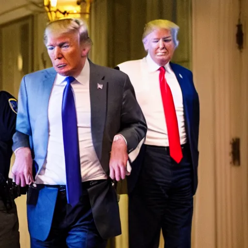 Image similar to News still of Donald Trump being handcuffed and arrested at mar-a-lago