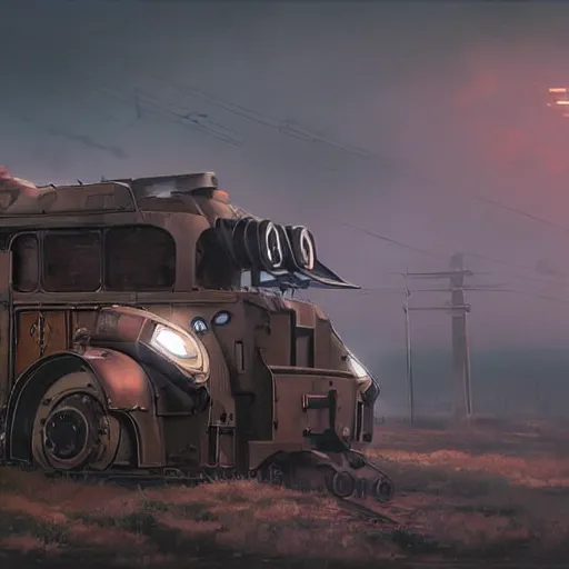 Prompt: a highly detailed epic cinematic concept art CG render digital painting artwork: dieselpunk patrol car inspired by a locomotive. By Greg Rutkowski, Ilya Kuvshinov, WLOP, Stanley Artgerm Lau, Ruan Jia and Fenghua Zhong, trending on ArtStation, subtle muted cinematic colors, made in Maya, Blender and Photoshop, octane render, excellent composition, cinematic atmosphere, dynamic dramatic cinematic lighting, precise correct anatomy, aesthetic, very inspirational, arthouse