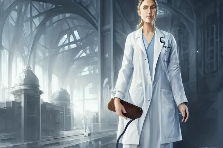 Image similar to a poster of emergency room, an elegant and beautiful female doctor in a white coat, cinematic, highly detailed, digital painting, artstation, concept art, matte, sharp focus, illustration, industrial light, art by artgerm and greg rutkowski