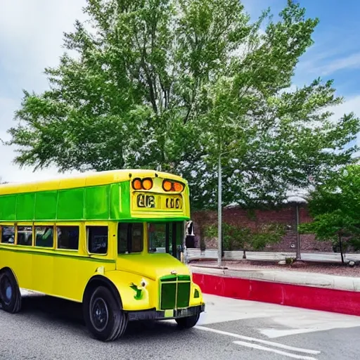 Prompt: a green school bus parked in a parking lot