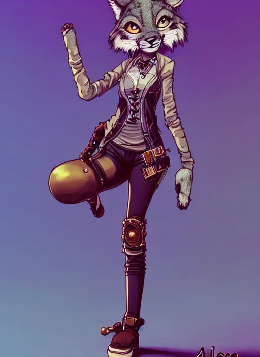 Prompt: wide angle beautiful full body portrait of a dancing female anthropomorphic anthro lynx fursona wearing steampunk leather pants and no boots, paw pads instead of feet and arms, character design by alena aenami, disney, anime, manga, artgerm, furaffinity, detailed, soft lighting,