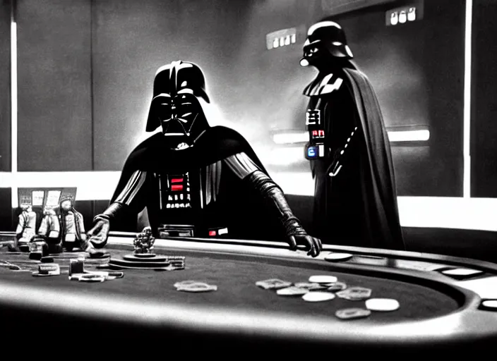 Image similar to film still of Darth Vader gambling in vegas in Star Wars The Empire Strikes Back,