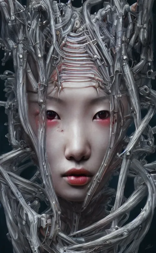 Prompt: beautiful Japanese girl is an unsettling scary terrifying bio mechanical cyborg post human, physically accurate, dramatic dynamic lighting, intricate, elegant, highly detailed, digital painting, artstation, very hyperrealistic, very very very HR GIGER, very Bensinski, Hieronymus Bosch, Francis Bacon, smooth, sharp focus, art by artgerm and greg rutkowski and alphonse mucha