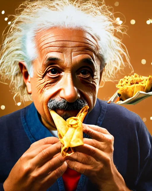 Prompt: A photo of Albert Einstein eating Samosa, highly detailed, trending on artstation, bokeh, 90mm, f/1.4