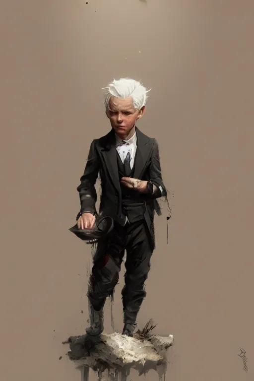 Image similar to A white hair old halfling without a beard top hat and suit by Greg Rutkowski, painting, HD, high details, dramatic, trending on artstation