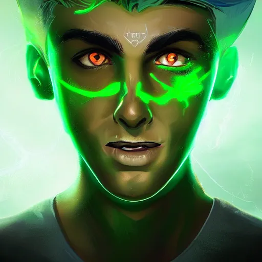 Image similar to a digital matte intricate face illustration concept art of young danny phantom with glowing green eyes cute fangs alt art fashion inspired art by charlie bowater and wlop and mark arian and ross tran + neon colors, symmetry, intricate complexity, epic composition, magical atmosphere, highly detailed, cinematic lighting + masterpiece, trending on artstation + 8 k