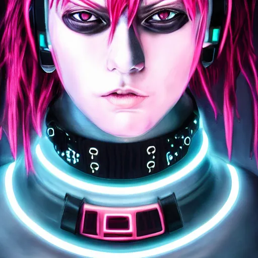 Image similar to detailed realistic cyberpunk female character cyberpunk wearing large steel collar around neck, realistic, art, beautiful, 4K, collar, choker, collar around neck, punk, artstation, detailed, female, woman, choker, cyberpunk, neon, punk, collar, choker, collar around neck, thick collar, choker around neck, wearing choker, wearing collar, bright neon punk hair, collar, choker,