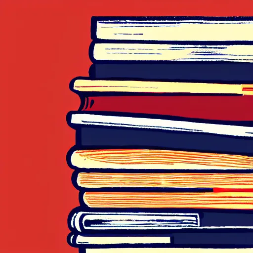 Prompt: illustration of a stack of books. navy and red-orange hues.