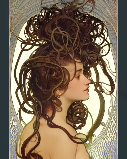 Image similar to side profile portrait of Medusa by Alphonse mucha, art nouveau, oil on canvas, wisps, snakes, foliage, lush, cinematic composition, cinematic concept art, volumetric lighting, high octane render, unreal engine, high detail, realism, hyper-real