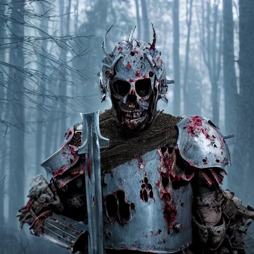 Prompt: a zombie knight in a scary forest, 8 k, shallow depth of field, 8 k, ultra high detail, concept art,