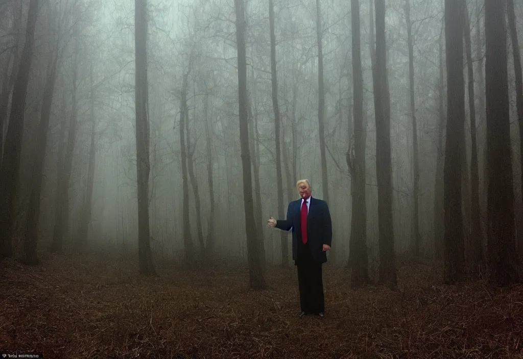 Prompt: low quality iphone photo of donald trump standing ominously deep in the foggy woods with a demonic smile in his face, low visibility creepy