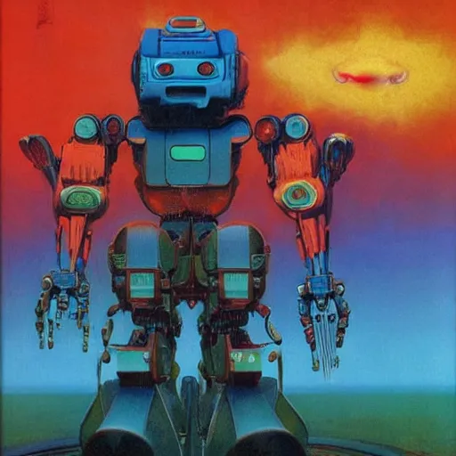 Image similar to colourful mecha robot, art drew struzan, stanley artgem lau & zdzislaw beksinski