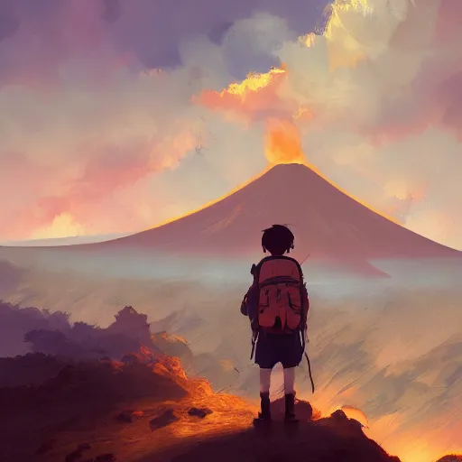 Image similar to a boy with a backpack, beautiful volcanic landscape, by makoto shinkai, greg rutkowski, artstation, high detailed, cgsociety,