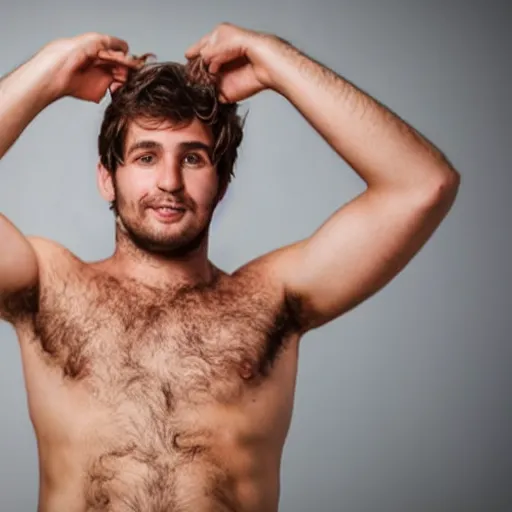 Image similar to high-resolution photograph of a lad showing off his hairy armpits