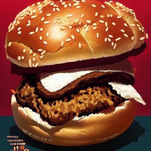 Prompt: a highly detailed epic cinematic concept art CG render digital painting artwork costume design: James Cagney as a 1950s beatnik eating a massive hamburger, voluptuous sesame seed bun, extra ketchup and pickles and onions . By Greg Rutkowski, Ilya Kuvshinov, WLOP, Stanley Artgerm Lau, Ruan Jia and Fenghua Zhong, trending on ArtStation, subtle muted cinematic colors, made in Maya, Blender and Photoshop, octane render, excellent composition, cinematic atmosphere, dynamic dramatic cinematic lighting, aesthetic, very inspirational, arthouse