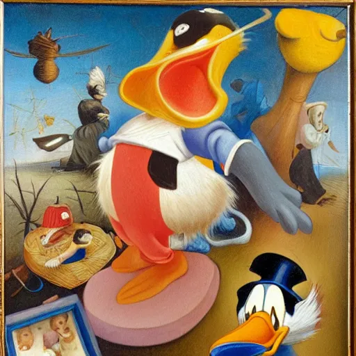 Prompt: Donald duck in the style of Hieronymus Bosch, oil painting