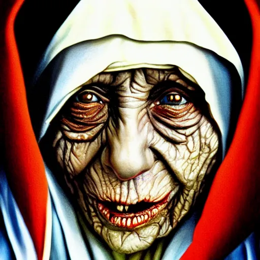 Image similar to a hyperrealistic painting of mother theresa as a zombie buy jason edmiston, hd, sharp focus,