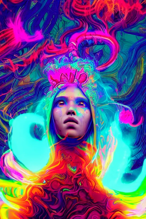 Image similar to a beautiful shaman girl engulfed in colorful liquid smoke and neon clouds, a colorful psychedelic experience, dmt, lsd, face, highly detailed, artstation, concept art, matte, sharp focus, illustration, digital art by hana yata, and artem demura and beeple, octane render, unreal engine, 8 k, pixel sorting