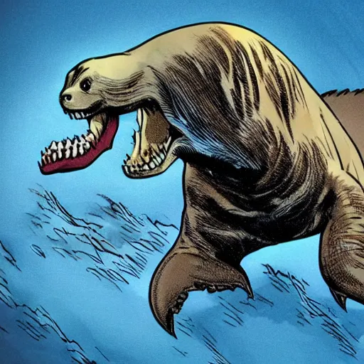 Image similar to a baby seal riding a tyrannosaurus rex, frank miller, dave gibbons, dusk lighting, clear focus, very coherent