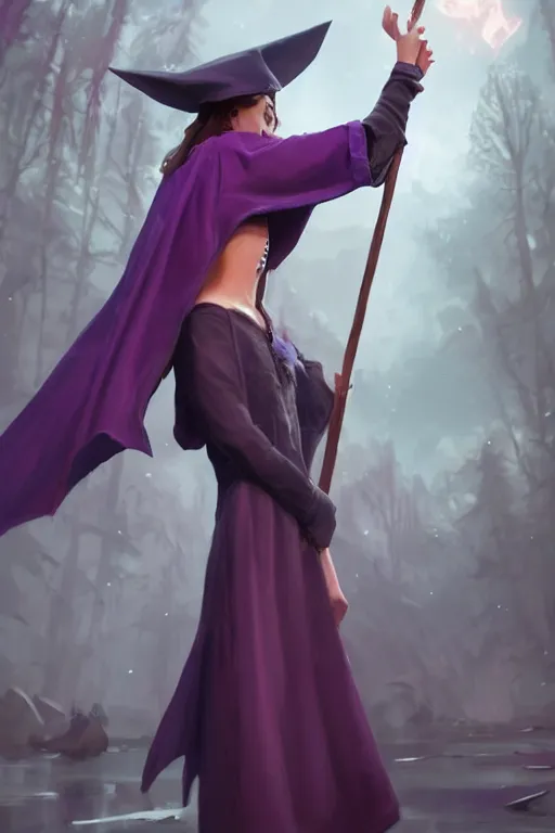 Prompt: Young cute small beautiful woman in form fitting slim purple witch robes and pointy hat at a crowded magical university, full body shot unreal engine hyperreallistic render 8k character masterpiece digital art by Greg Rutkowski, Simon Stalenhag, trending on Artstation, CGSociety