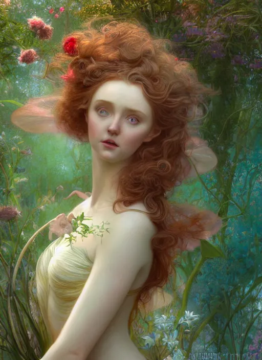 Image similar to hyper realist matte digital painting of a beautifyl fairy, resembling lily cole, in a sunlit clearing, flowers, fairytale, fantasy art, photo realistic, dynamic lighting, artstation, volumetric lighting, by mucha, by charlie bowater, by karol bak, by alma tadema