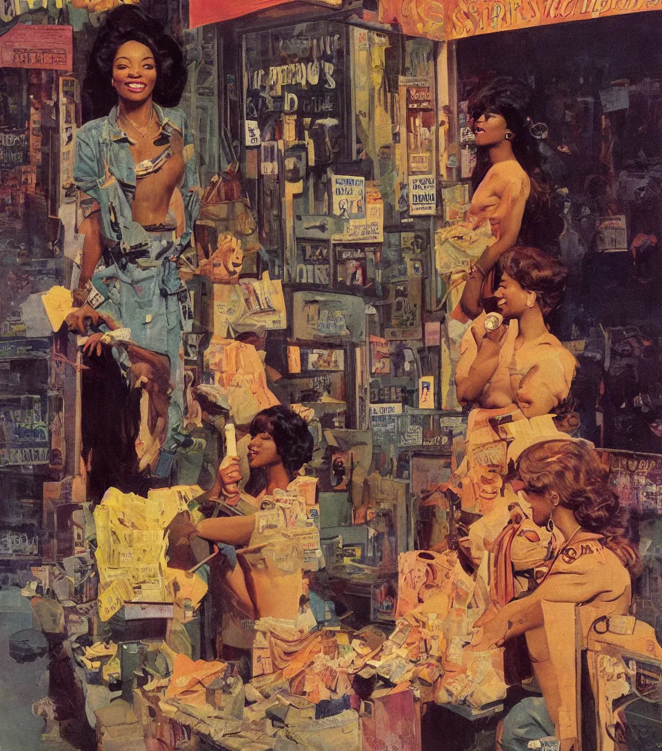 Image similar to standing portrait of ecstatic sza looking into the camera standing smoking a cigarette, summer, warm street lights store front, 1 9 6 0 s technicolor, intricate, moody, personal, highly detailed, short focus depth, donato giancola, joseph christian leyendecker, frank frazetta, alex horley, ralph horsley, michael whelan, 2 0 0 mm focal length