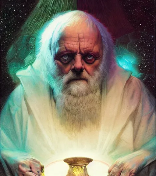 Prompt: A Magical Portrait of Anthony Hopkins as Aleister Crowley the Great Mage of Thelema, art by Tom Bagshaw and Wayne Barlowe and John Jude Palencar