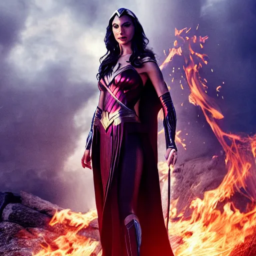 Prompt: gal gadot as a wizard with a robe casting fire spells, depth of field, zeiss lens, detailed, symmetrical, centered, fashion photoshoot, by Annie Leibovitz and Steve McCurry, David Lazar, Jimmy Nelsson, Breathtaking, 8k resolution, extremely detailed, beautiful, establishing shot, artistic, hyperrealistic, beautiful face, octane render