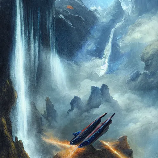 Prompt: detailed painting of a spaceship coming in to land close to a waterfall between two mountains, fantasy, high detailed, sabbas apterus