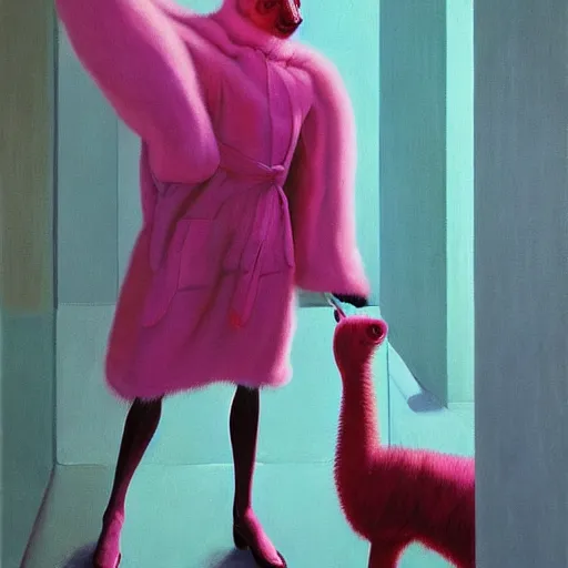 Image similar to Portrait of a diva wearing a pink shiny robe with fur , very coherent, painted by Edward Hopper, Wayne Barlowe, painted by James Gilleard, airbrush, art by JamesJean