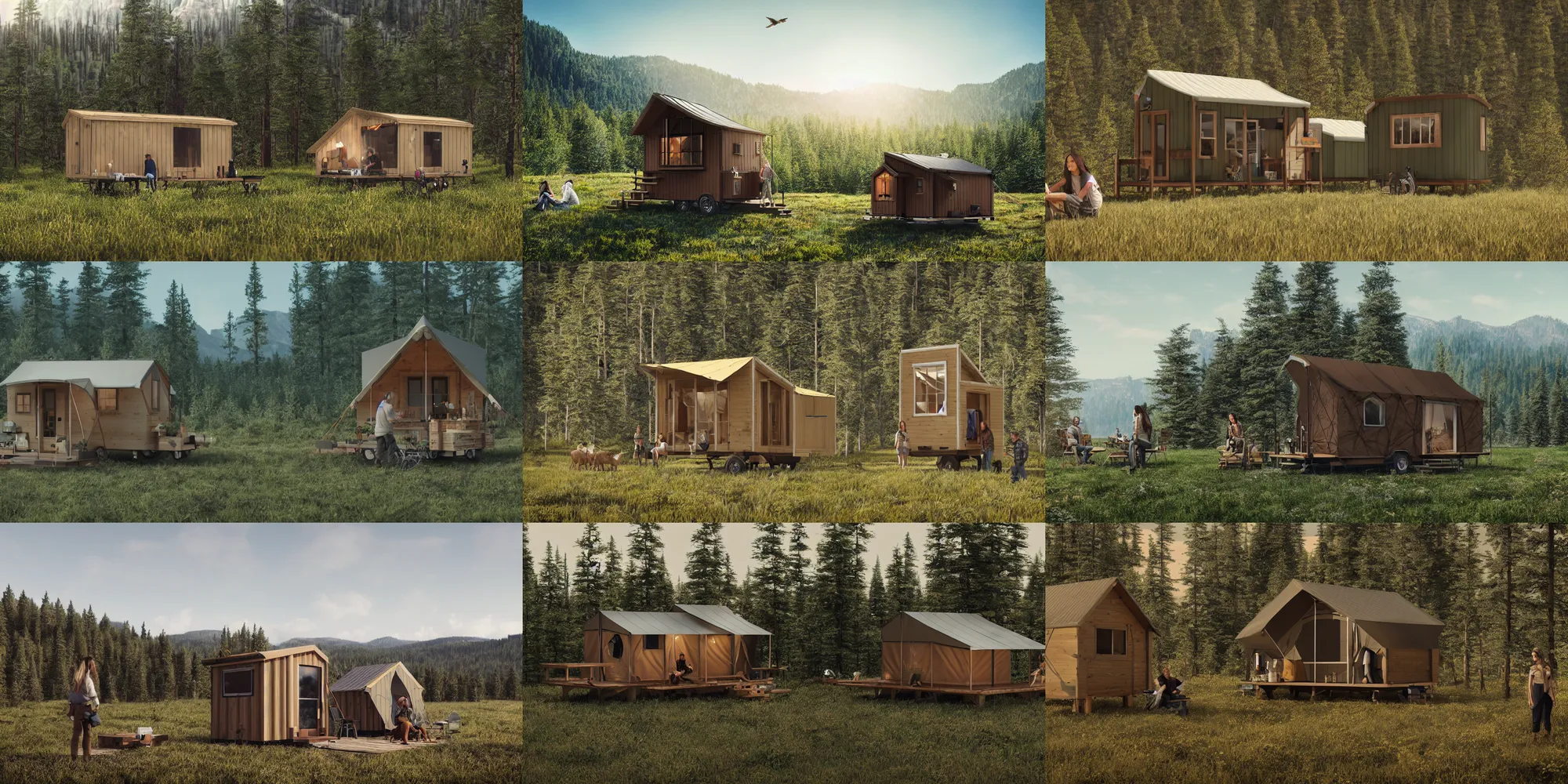 Prompt: cabela's outdoors popup micro - compact modular home, quick assembly, utilitarian, glamping, airbnb, temporary emergency shelter, person in foreground, cliffside mountainous forested wilderness open fields, beautiful views, photorealistic, advertising photography, sharp focus, joanna gaines, farmhouse, magnolia, architectural photography, unreal engine 5, octane render