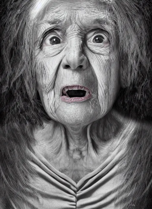 Prompt: a hyper realistic ultra realistic photograph of the 1000 foot tall terrified grandma, highly detailed, 8k photo