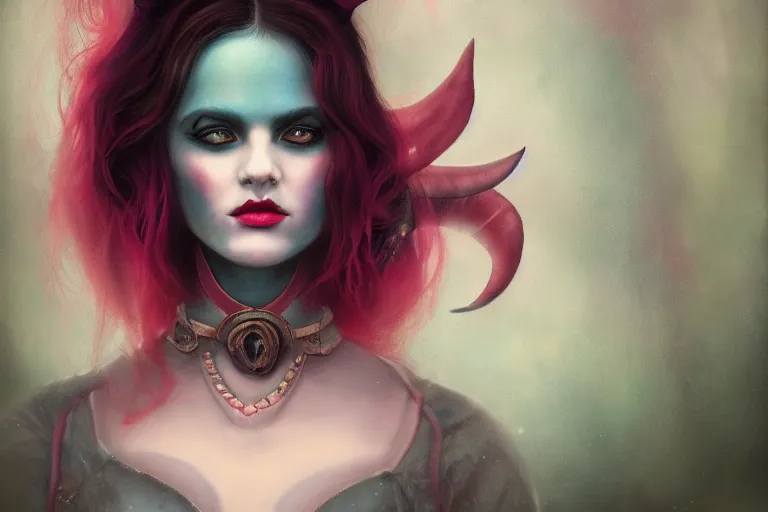 Image similar to pretty demon girl with horns photograph in the style of tom bagshaw, colorful, realistic, 8 k