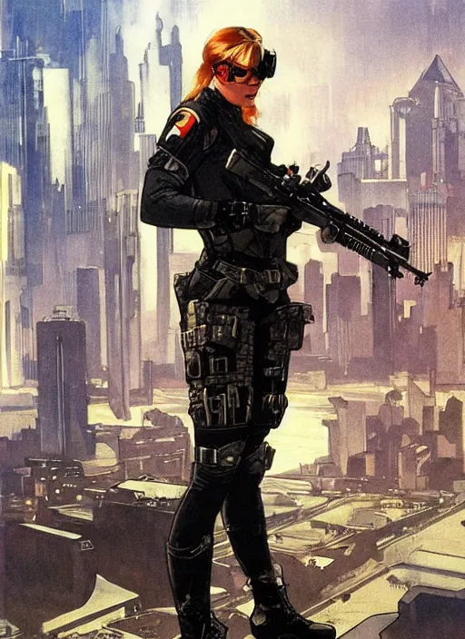 Image similar to Dinah. Beautiful USN special forces operator looking at city skyline. Agent wearing Futuristic stealth suit. rb6s Concept art by James Gurney, Alphonso Mucha.