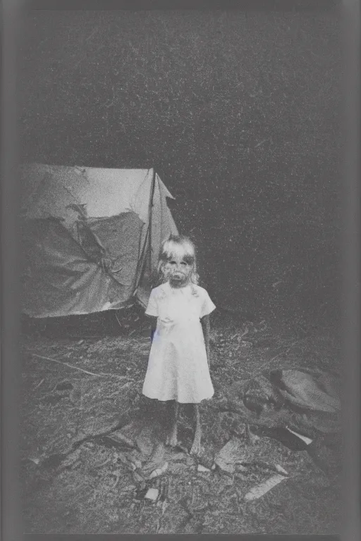 Image similar to photo polaroid of a sad and lonely child stands in the middle many tents of field hospitals, pandemic, covid,loneliness, black and white ,photorealistic, 35mm film,