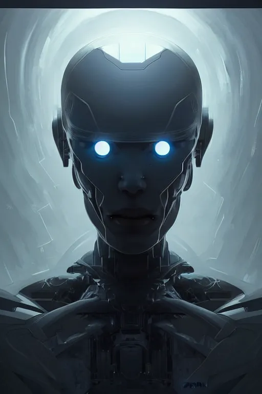 Image similar to professional concept art portrait of a ominous floating robotic species in a dark room by artgerm and greg rutkowski. an intricate, elegant, highly detailed digital painting, concept art, smooth, sharp focus, illustration, in the style of cam sykes.