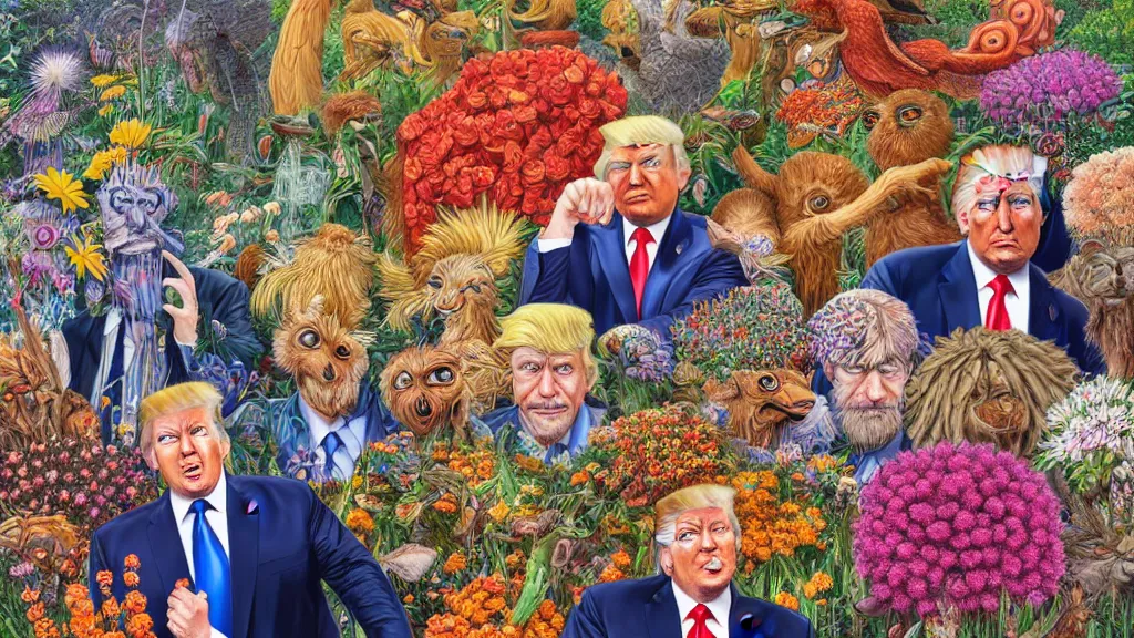 Prompt: highly detailed oil painting of donald trump surrounded by all the known species of flowers by olaf hayek, by moebius, by oliver vernon, by joseph moncada, by damon soule, by manabu ikeda, by kyle hotz, by dan mumford, by kilian eng