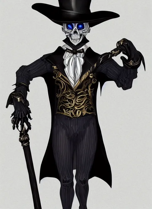 Image similar to DND character art, skeletal male figure, wearing a deep black suit!!! and tie and top hat, holding a gold! cane!. blue!!! flames!!