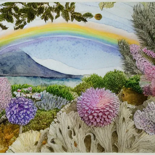 Image similar to delicate coastline mountain garden on paper, stony, puffy, botanical herbarium, botanic watercolors, iridescent, 8 k wide angle, realistic shaded, fine details, artstation, italian, rainbow, colonnade, oak, pinecone, pomegranade, hydrangea, vines, gardena architecture, pompeian, sicilian