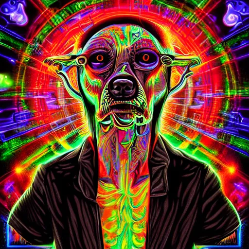 Image similar to three - headed cyberpunk hell - dog standing proudly at the top of a very steep hill, sacred geometry, alchemy background, merkabah, psychedelic, graffiti, in the style of alex grey
