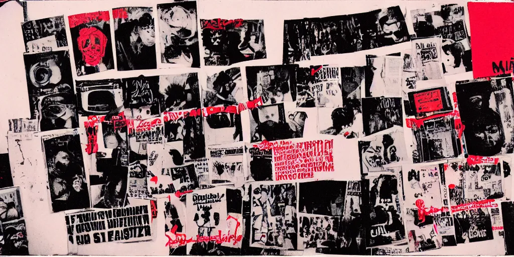Prompt: analog scan of an underground zine, 8 0 s, polaroid, diy, different pages, underground, red color bleed, film grain, punk, typography, composition
