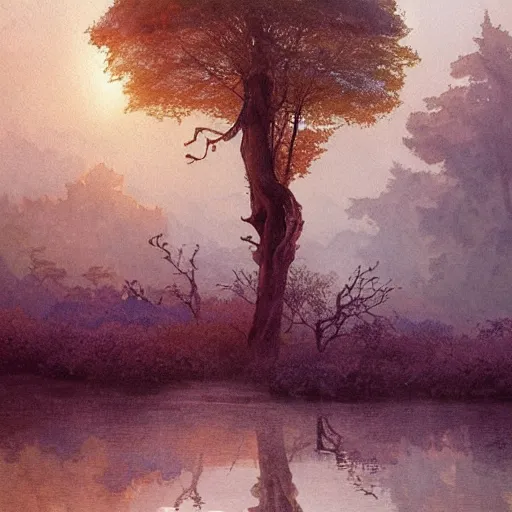 Image similar to a beautifull intricate watercolour painting of beautifull surreal tree in a serene field with lake, reflexions, verry high details by william turner art, greg rutkowski and alphonse mucha, trending on artstation, very very detailed, masterpiece, muted colors