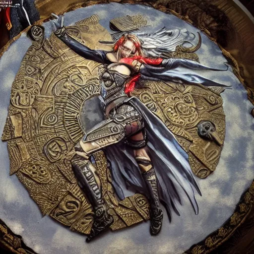 Prompt: shield maiden jumping out of birthday cake, intricate detail, royo, klimt, miro, vallejo, frazetta, giger, whealan, hd, unreal engine,