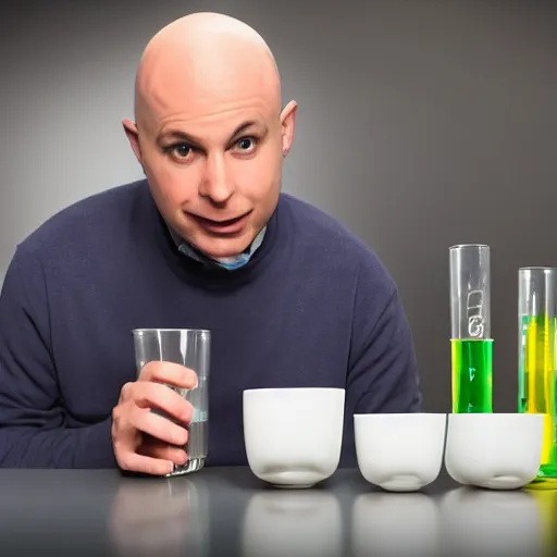 Image similar to a bald scientist drinking out of a comically small cup