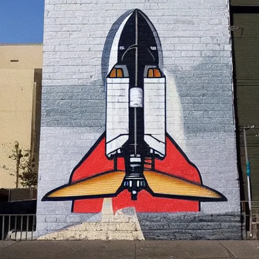 Image similar to space shuttle spray painted on brick wall, graffiti, street art,