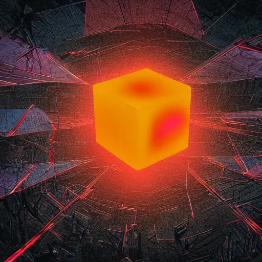 Image similar to A glowing cube in a dark, fantastic landscape, surrounded by many hooded figures circling the cube. Epic Digital Art, High Detail, 4k