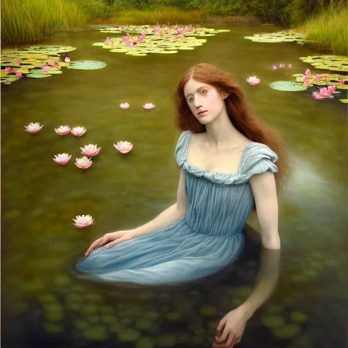 Image similar to Kodak Portra 400, 8K, soft light, volumetric lighting, highly detailed, britt marling style 3/4 ,portrait photo of a beautiful woman how pre-Raphaelites painter, the face emerges from the water of a pond with water lilies, inspired by Ophelia paint , a beautiful lace dress and hair are intricate with highly detailed realistic beautiful flowers , Realistic, Refined, Highly Detailed, natural outdoor soft pastel lighting colors scheme, outdoor fine art photography, Hyper realistic, photo realistic