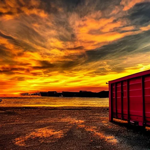 Prompt: a beautiful sunset over a flaming dumpster, landscape photography, award - winning, amazing details,