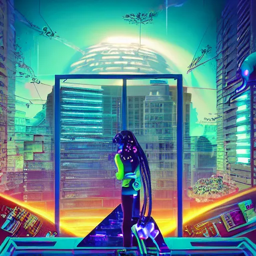 Image similar to Lofi vaporwave sci-fi cyberpunk epic video game room with large window looking out at overpopulated future city, Pixar style, Tristan Eaton, Stanley Artgerm, Tom Bagshaw